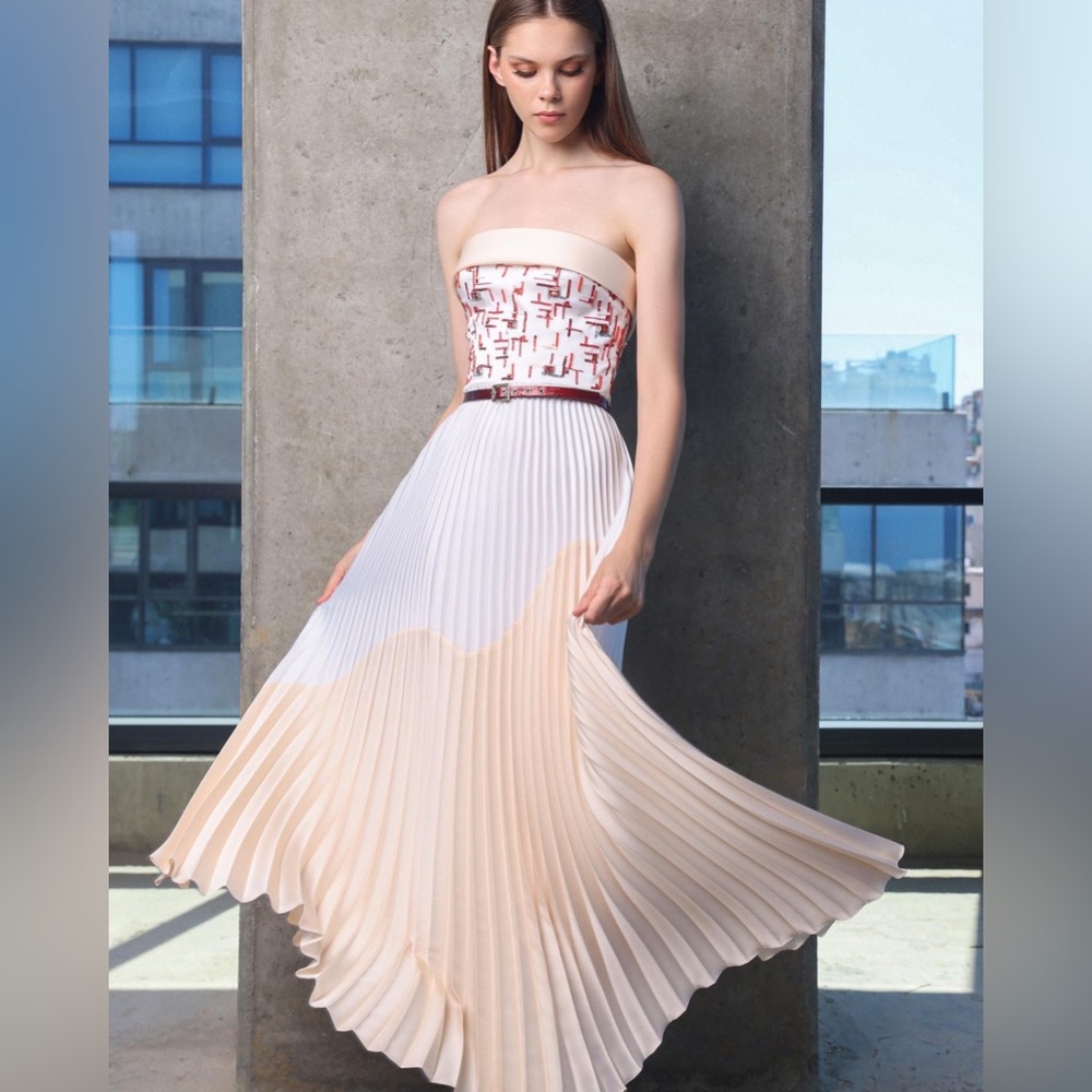 Hand embellished bust dress with pleated skirt and leather waist belt.